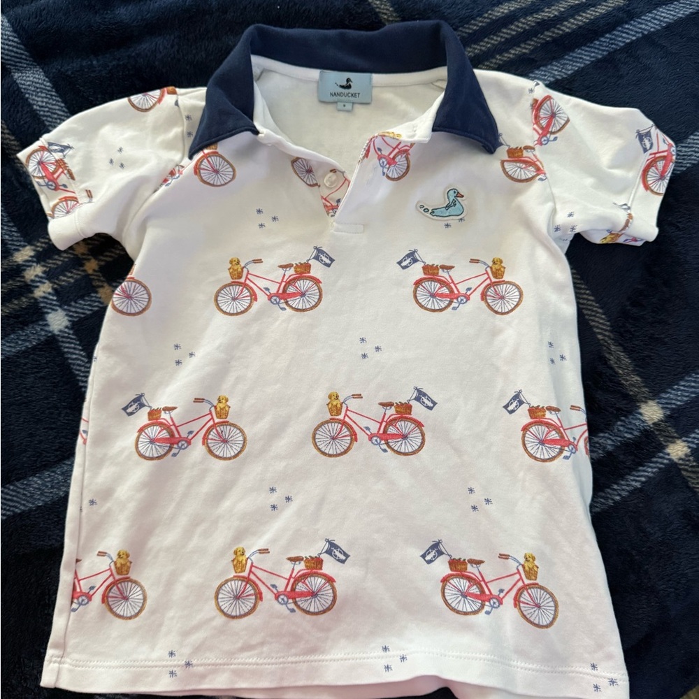 Kids' Polo Shirt with Bicycle and Bear Print - White and Navy
